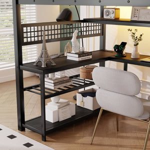 English Elm Full Size Steel Loft Bed with Staircase Storage Wardrobe Desk and Led Lighting Black W2593S00060
