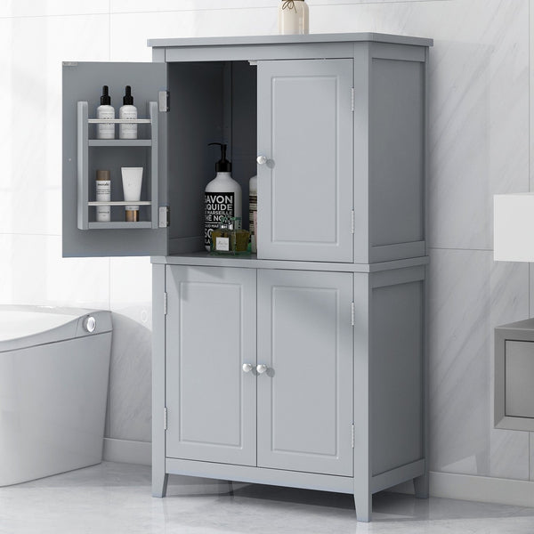 English Elm Elegant Bathroom Floor Storage Cabinet with 4 Doors, Adjustable Shelves, Anti-Tip Design, 28"L x 15"W Grey N725P188461E