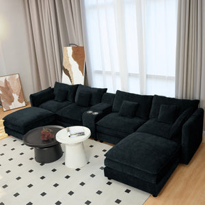 English Elm U Shaped Sectional Cloud Couch for Living Room 144" Plush Modular Sofa with Ottoman Storage Console Cupholders Black W3276S00011