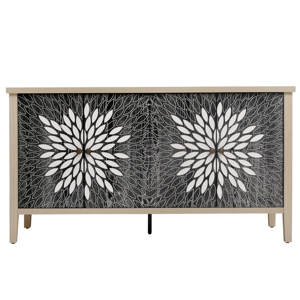 English Elm Sideboard Elegant Floral Handle Buffet Cabinet with 4 Doors, Adjustable Shelves & Reinforced Feet for Dining Room Storage Black,Natural W688P232758