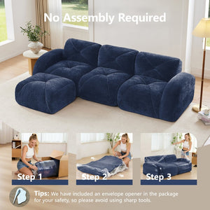 English Elm L-shaped Velvet Sectional Sofa Tufted Modular Seating with Ottoman for Living Room Blue W714S01620