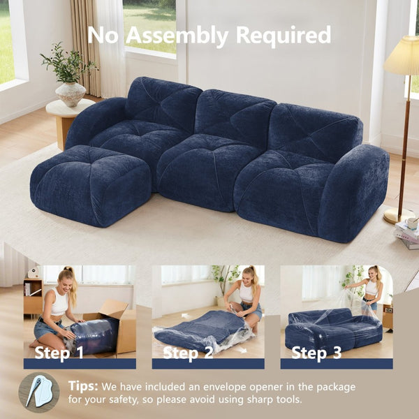English Elm L-shaped Velvet Sectional Sofa Tufted Modular Seating with Ottoman for Living Room Blue W714S01620