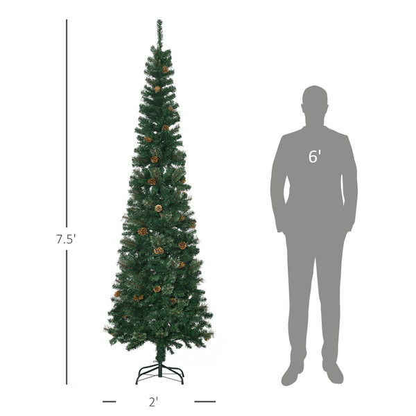 English Elm Homcom 7.5 Foot Slim Pencil Artificial Christmas Tree With Realistic Pine Needles & Pine Cones W2225P229162