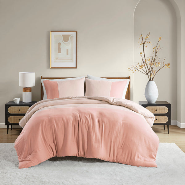 JLA Home Comfort Spaces - Soft Washed Color Block Comforter Set with Silky Pre-Washed Finish, Oeko-Tex Certified Midweight Warmth Pink AM10-0182