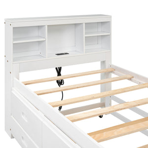 English Elm Twin Platform Bed with Storage Headboard, Pull-Out Trundle & 3 Drawers, USB Ports, Solid Wood Durability White GX000715AAK