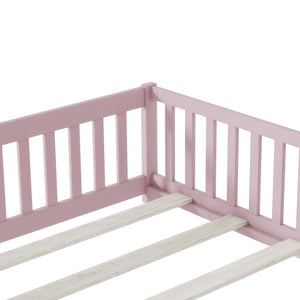 English Elm Queen Rubber Wood Floor Bed with Full Perimeter Safety Fence and Hinged Access Door Pink W504P429344