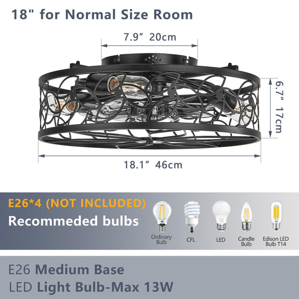 English Elm 18-inch Vintage Caged Ceiling Fan Light with Remote Control, Quiet DC Motor, Industrial Iron Design Black W2312P374990