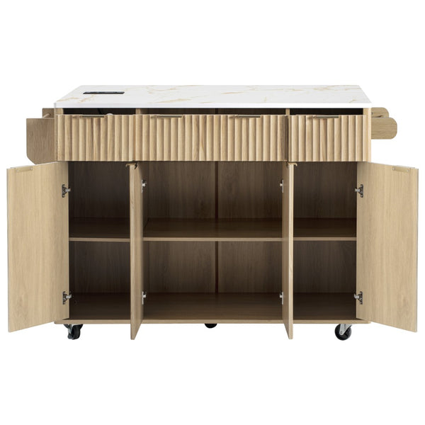 English Elm K&k Fluted Rolling Kitchen Island Faux Marble Top Power Outlet Storage Drawers Natural N707P353945Y