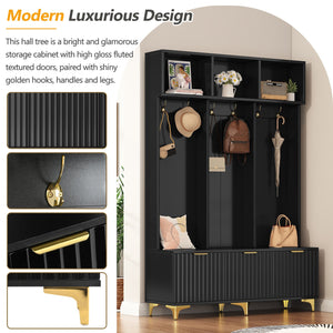 English Elm ON-TREND Modern Hall Tree with Bench and Shoe Storage, High Gloss Fluted Doors, Gold Accents, 75"H Black+Gold N721P180460B