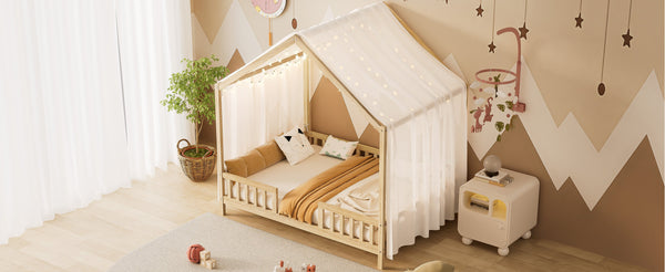 English Elm Montessori House Bed Frame Twin with Canopy & Full Guardrails, Cozy Kids Platform Bed for Toddlers Natural 77.8 L x 17.25 W x 7 H N733P356048M