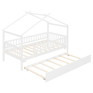 English Elm Twin House Bed with Trundle Solid Pine Frame Walnut Kids Bedroom Sleepover N708P357115K