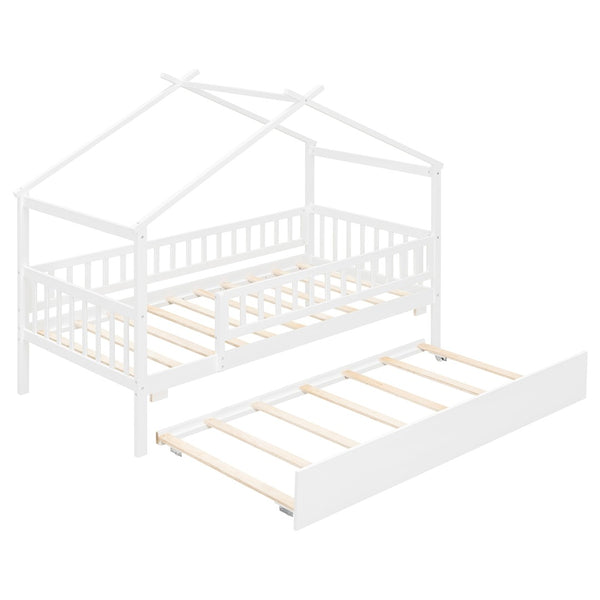 English Elm Twin House Bed with Trundle Solid Pine Frame Walnut Kids Bedroom Sleepover N708P357115K