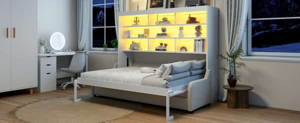 English Elm Queen Murphy Cabinet Bed with Linen Sofa Built-in Shelves and Integrated Led Light N7090000603A-1