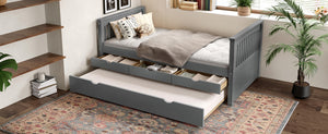 English Elm Twin Solid Wood Platform Bed with Trundle and Two Drawers, White Daybed for Kids Guests Gray W1580S00263