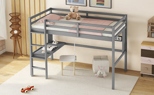English Elm Twin Loft Bed with Built-In Desk and Bookcase, Pine Frame, Safety Guardrail, Ladder for Study Space Grey W504P181852