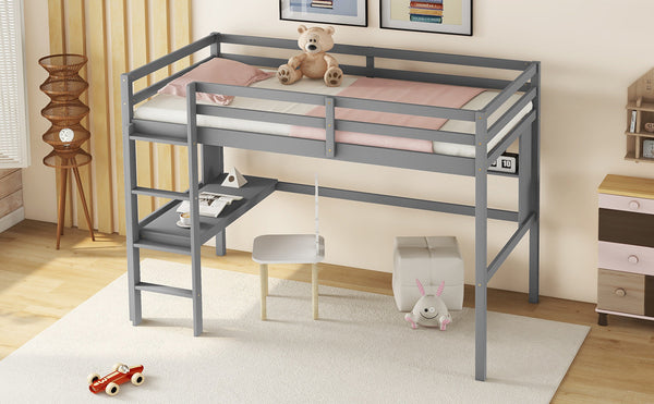 English Elm Twin Loft Bed with Built-In Desk and Bookcase, Pine Frame, Safety Guardrail, Ladder for Study Space Grey W504P181852