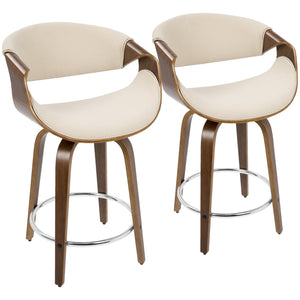 English Elm Curvini Mid-Century Counter Stool with Walnut Frame and Luxe Fabric Upholstery, Swivel Pair Cream B202P221708