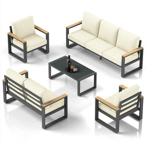 English Elm All-weather 5 Piece Aluminum Patio Conversation Set 7 Seat with Tempered Glass Table Beige+Grey B082S00115