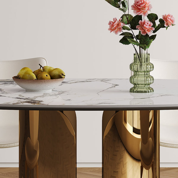 English Elm 70.9-Inch Oval Dining Table With Copper Stainless Steel Base - Elegant, Durable & Family-Friendly Design W509S00151