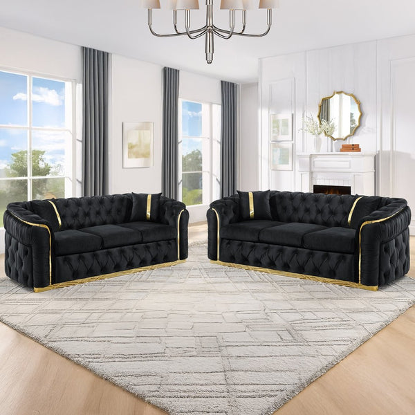 English Elm 2pcs Italian Velvet Chesterfield Sofa Set Tufted Three Seater with Gold Steel Legs W1191S00069
