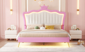 English Elm Full Size Upholstered Princess Bed Frame With Led Lights, Crown Headboard In Pink & White Design W2770P190360