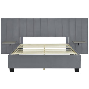 English Elm Queen Upholstered Platform Bed with Oversized Velvet Headboard, Built-In Shelves, Modern Comfort and Support for Relaxation Gray SF000138AAE