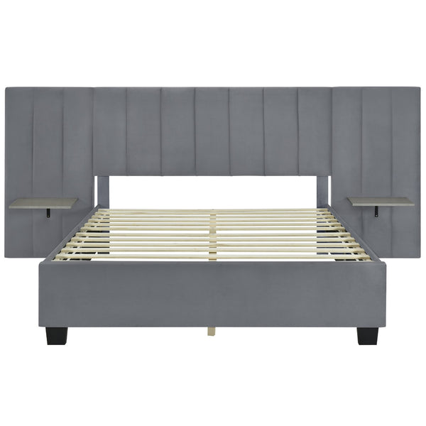 English Elm Queen Upholstered Platform Bed with Oversized Velvet Headboard, Built-In Shelves, Modern Comfort and Support for Relaxation Gray SF000138AAE
