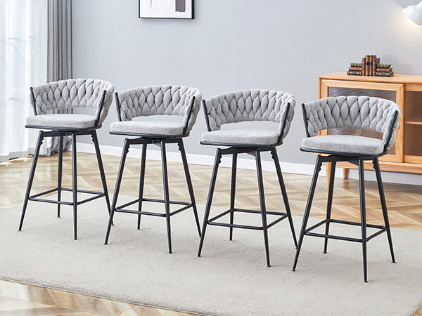 English Elm A set of four rotating bar stools with breathable cotton-linen cushions, 360° swivel, durable metal frame, retro flair Antique grey white W2920S00060