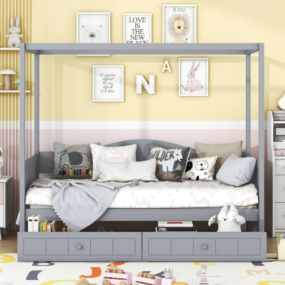 English Elm Twin Canopy Daybed with Pull Out Trundle Pinewood Frame for Kids or Guest Rooms N708P373435E