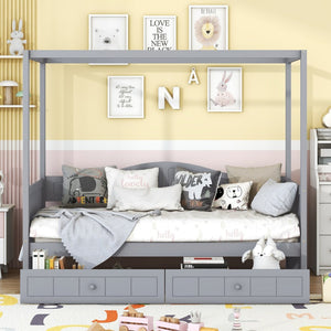 English Elm Twin Canopy Daybed with Pull Out Trundle Pinewood Frame for Kids or Guest Rooms N708P373435E