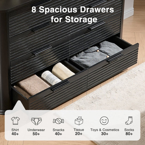 English Elm Fluted Wave Panel 7 Drawer Mdf Dresser Modern Bedroom Storage with Tv Stand Top Black Woodgrain T5326P425098