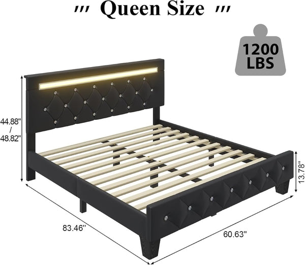 English Elm Queen Platform Bed Wingback Diamond Quilted Headboard Led Lighting Storage Drawers W5722P462498