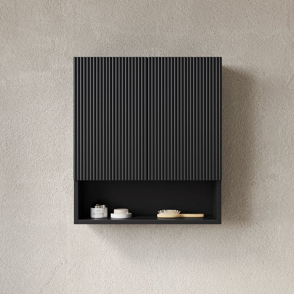 English Elm TOBI Matte Black 26" Wall Cabinet with Soft-Close Doors, Shelf & Open Storage Over Toilet W2615P279441