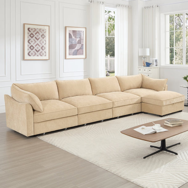 English Elm L-Shaped Modular Sofa With Movable Footstool, Storage Drawers, Crescent Armrests & Chenille Fabric W3041S00180
