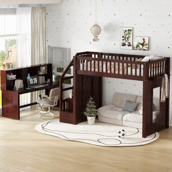 English Elm Twin Loft Bed with Movable Desk Open Shelving and Storage Stairs in Espresso W1580S00336