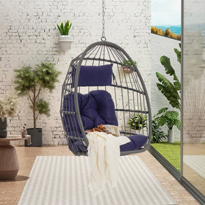 English Elm Outdoor Handwoven Pe Rattan Egg Swing Chair with Steel Frame and Waterproof Cushion W874127490