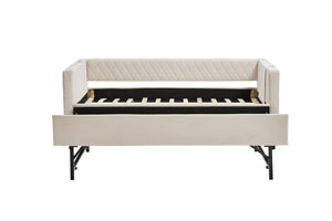 English Elm Beige velvet daybed with diamond-grid pull-out trundle, modern sturdy wood frame for guests and lounge W1361S00031
