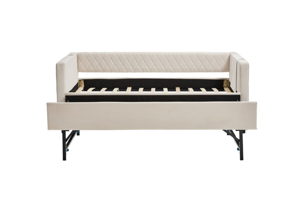 English Elm Beige velvet daybed with diamond-grid pull-out trundle, modern sturdy wood frame for guests and lounge W1361S00031