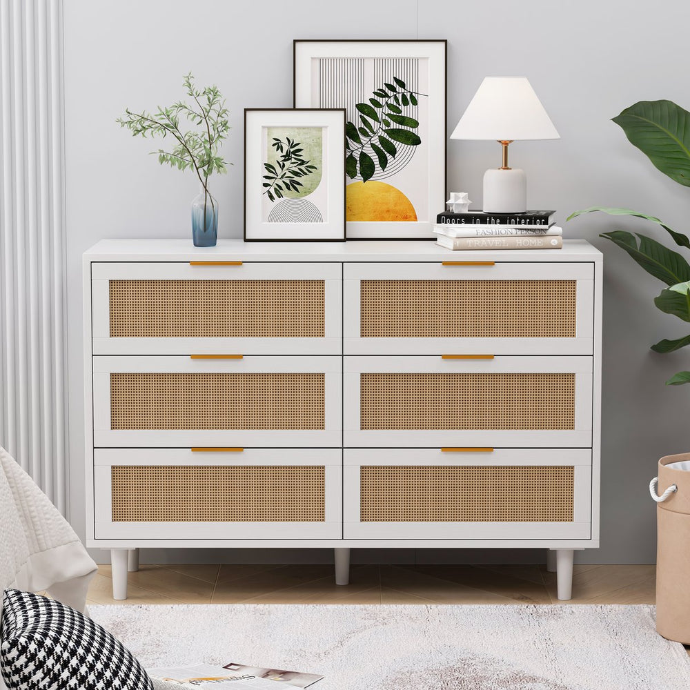 English Elm 43.31"6-Drawers Rattan Storage Cabinet with Woven Fronts, Stable White Dresser for Bedroom & Living Room W757P234587