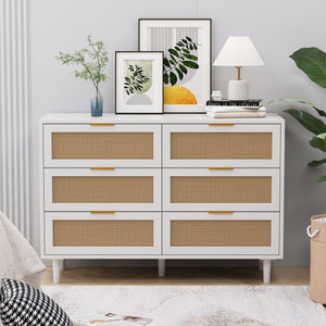 English Elm 43.31"6-Drawers Rattan Storage Cabinet with Woven Fronts, Stable White Dresser for Bedroom & Living Room W757P234587