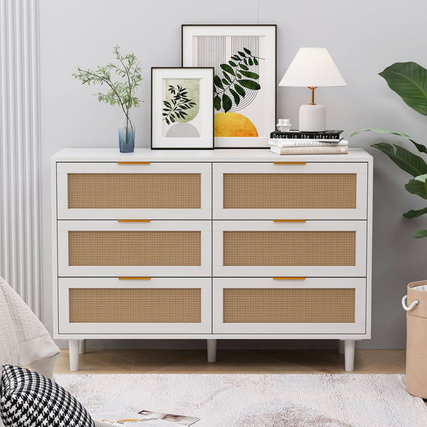 English Elm 43.31"6-Drawers Rattan Storage Cabinet with Woven Fronts, Stable White Dresser for Bedroom & Living Room W757P234587