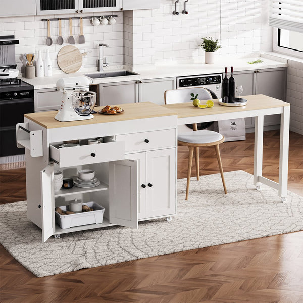 English Elm K&K 74.5" Kitchen Island with 27" Extendable Dining Table, 4 Doors, 2 Drawers, Spice Rack, Wheels Off White N707P333291W
