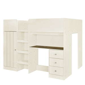 English Elm Wood Full Size Loft Bed with Built-In Wardrobe, Spacious Desk, Shelves and 3 Drawers for Storage Beige GX001819AAA