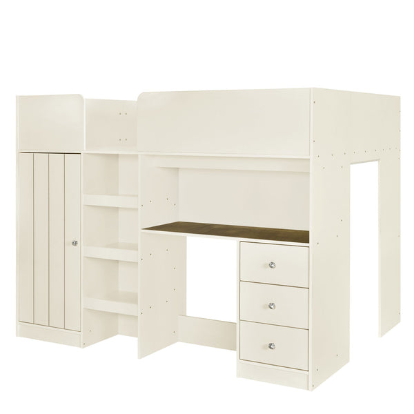 English Elm Wood Full Size Loft Bed with Built-In Wardrobe, Spacious Desk, Shelves and 3 Drawers for Storage Beige GX001819AAA