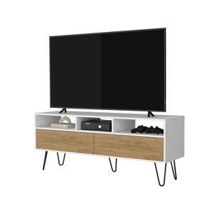 English Elm Olds Mid-Century TV Stand with Hairpin Legs, 2 Doors & Open Shelves — White and Oak Finish B128P287515