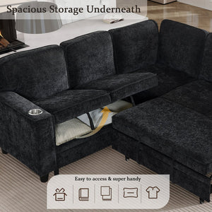 English Elm L-Shaped Sofa with Pull-Out Bed and Storage, 5-Seat Sectional with USB, Cup Holders, Cozy Chenille Charcoal grey W1998S00061