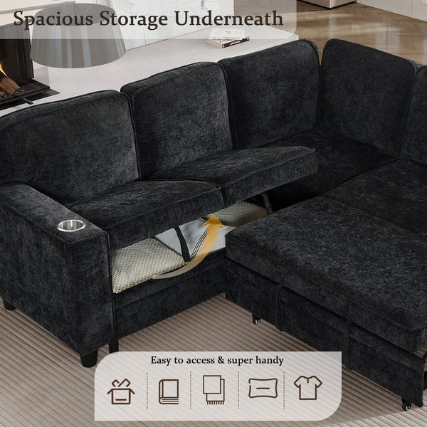 English Elm L-Shaped Sofa with Pull-Out Bed and Storage, 5-Seat Sectional with USB, Cup Holders, Cozy Chenille Charcoal grey W1998S00061