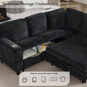 English Elm L-shaped Chenille Sectional Sleeper Sofa with Storage and Usb Charging Ports Charcoal Grey W1998S00088