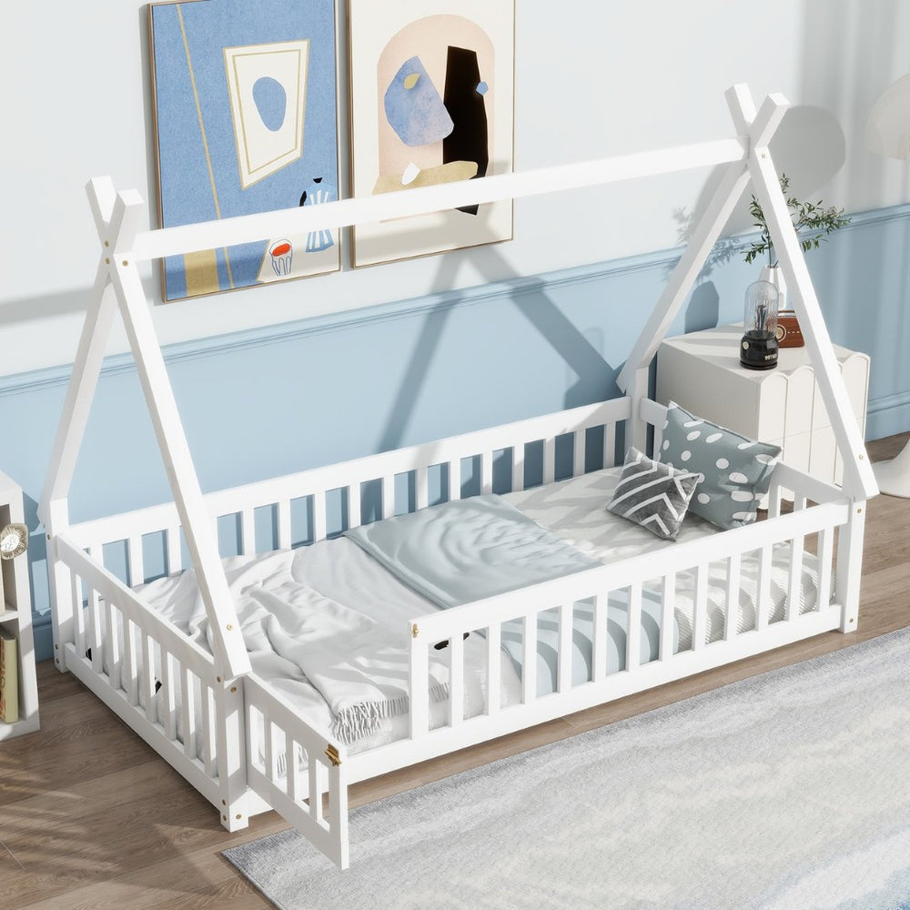 English Elm Twin Teepee Floor Bed With Guardrails - Whimsical White Design For Cozy Child'S Room Decor W504P345781-GIGA