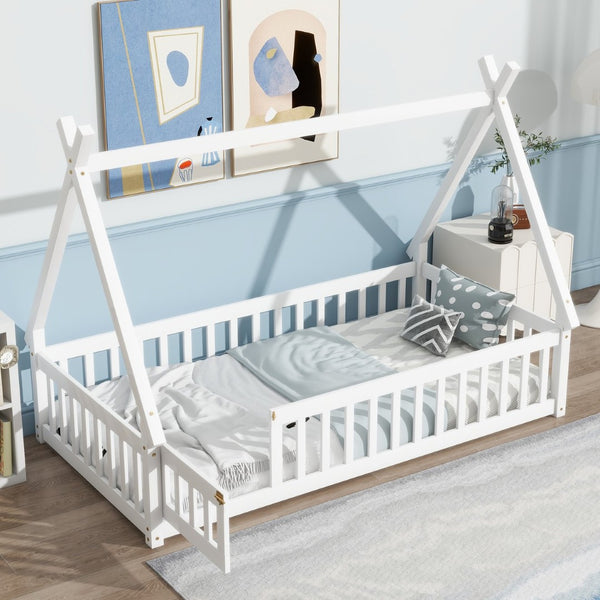 English Elm Twin Teepee Floor Bed With Guardrails - Whimsical White Design For Cozy Child'S Room Decor W504P345781-GIGA